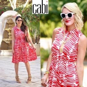 Cabi 281 Brushstroke Tank Sleeveless Belted Dress Red/White Pleated Skirt Medium